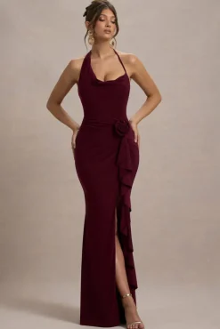 Lucena | Burgundy Cowl-Neck Wrap Maxi Dress With Floral Drape