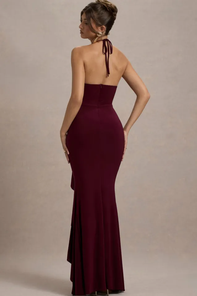 Lucena | Burgundy Cowl-Neck Wrap Maxi Dress With Floral Drape