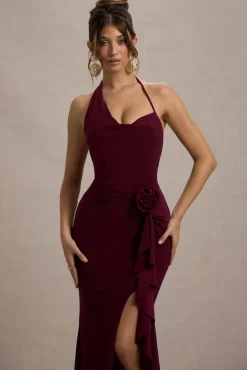 Lucena | Burgundy Cowl-Neck Wrap Maxi Dress With Floral Drape