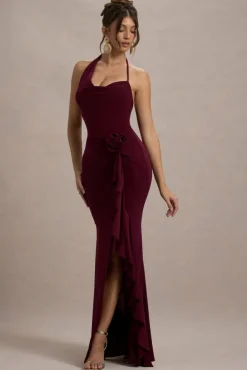 Lucena | Burgundy Cowl-Neck Wrap Maxi Dress With Floral Drape