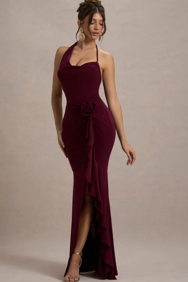 Lucena | Burgundy Cowl-Neck Wrap Maxi Dress With Floral Drape