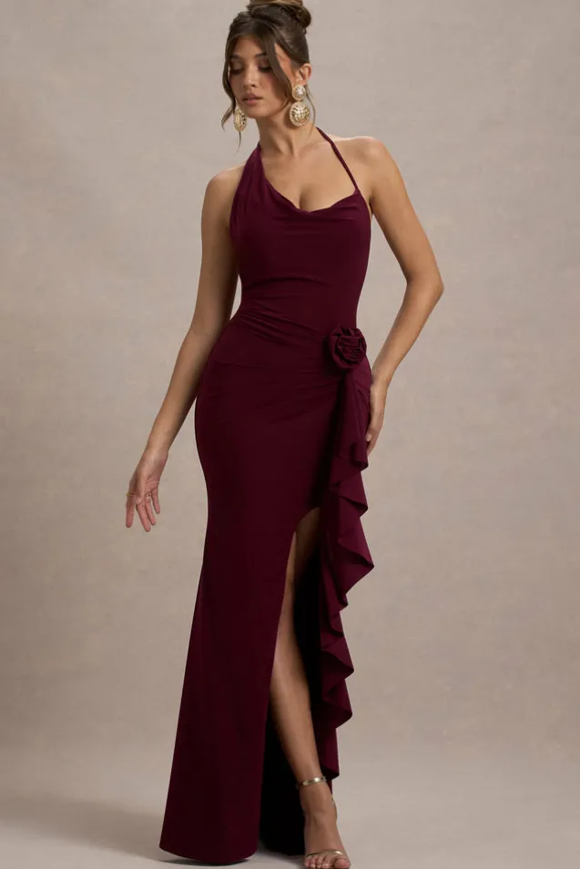 Lucena | Burgundy Cowl-Neck Wrap Maxi Dress With Floral Drape
