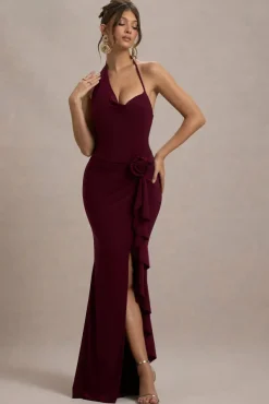 Lucena | Burgundy Cowl-Neck Wrap Maxi Dress With Floral Drape