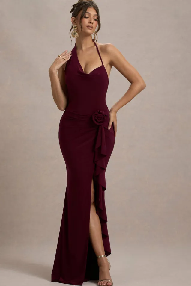 Lucena | Burgundy Cowl-Neck Wrap Maxi Dress With Floral Drape