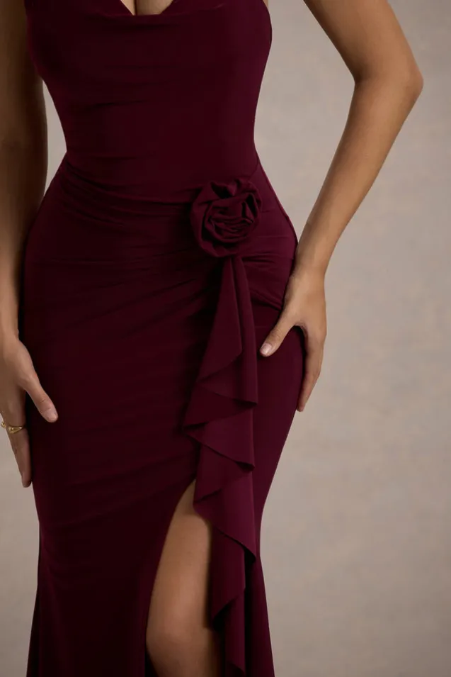 Lucena | Burgundy Cowl-Neck Wrap Maxi Dress With Floral Drape