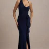 Lucena | Navy Cowl-Neck Wrap Maxi Dress With Floral Drape