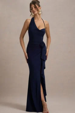 Lucena | Navy Cowl-Neck Wrap Maxi Dress With Floral Drape