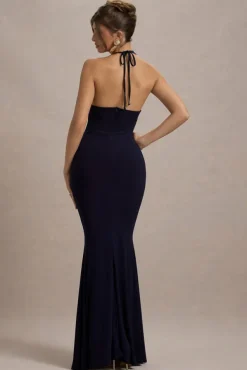 Lucena | Navy Cowl-Neck Wrap Maxi Dress With Floral Drape