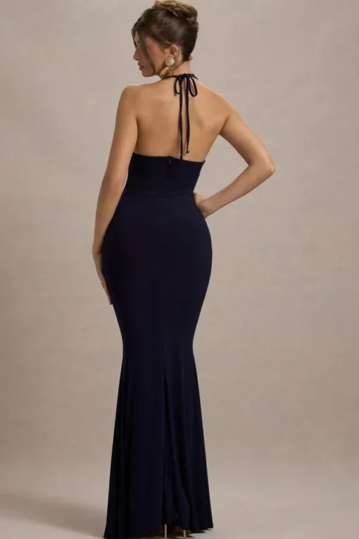 Lucena | Navy Cowl-Neck Wrap Maxi Dress With Floral Drape