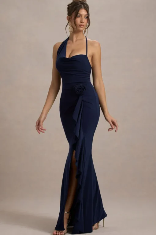 Lucena | Navy Cowl-Neck Wrap Maxi Dress With Floral Drape