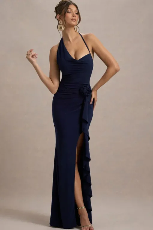 Lucena | Navy Cowl-Neck Wrap Maxi Dress With Floral Drape