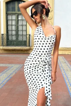 Lucena | White Polka Dot Cowl-Neck Wrap Maxi Dress With Floral Drape