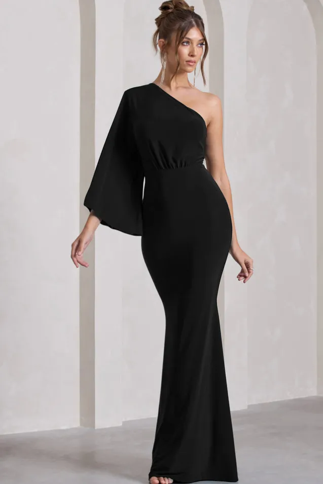 Luciana | Black One Shoulder Drape Sleeve Maxi Dress