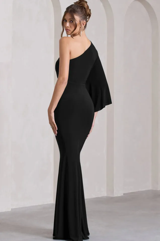 Luciana | Black One Shoulder Drape Sleeve Maxi Dress