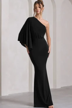 Luciana | Black One Shoulder Drape Sleeve Maxi Dress