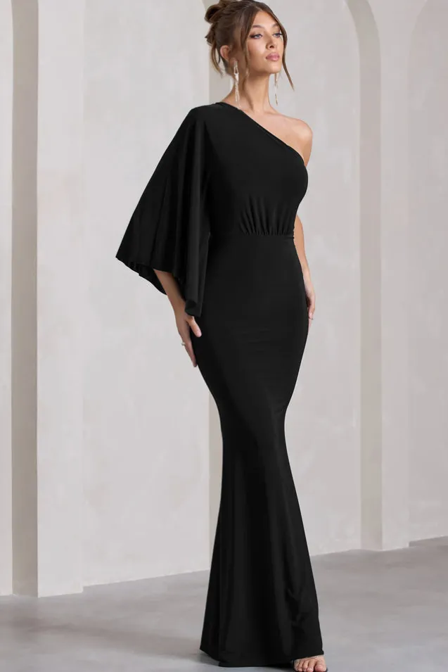 Luciana | Black One Shoulder Drape Sleeve Maxi Dress