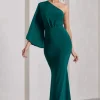 Luciana | Bottle Green One Shoulder Drape Sleeve Maxi Dress