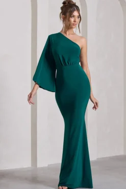 Luciana | Bottle Green One Shoulder Drape Sleeve Maxi Dress