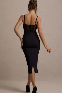 Lucid Dream | Black Strappy Mesh Corset Midi Dress