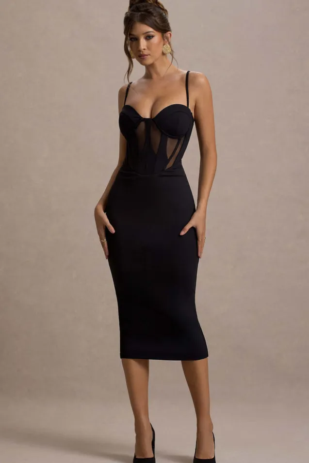 Lucid Dream | Black Strappy Mesh Corset Midi Dress