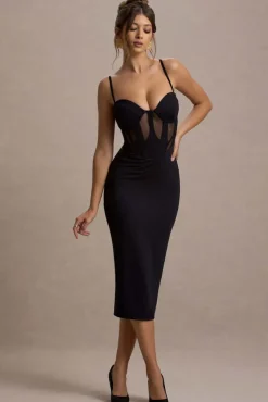 Lucid Dream | Black Strappy Mesh Corset Midi Dress