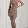 Luciene | Mocha Ruched Asymmetric Bodycon Midi Dress With Sheer Sleeve