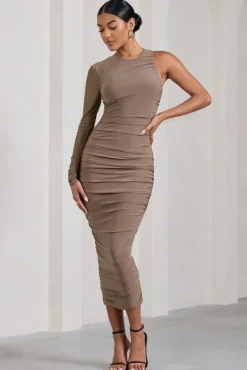 Luciene | Mocha Ruched Asymmetric Bodycon Midi Dress With Sheer Sleeve