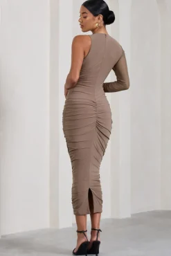 Luciene | Mocha Ruched Asymmetric Bodycon Midi Dress With Sheer Sleeve