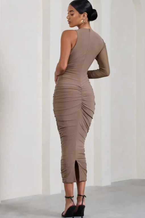 Luciene | Mocha Ruched Asymmetric Bodycon Midi Dress With Sheer Sleeve