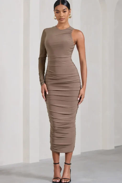 Luciene | Mocha Ruched Asymmetric Bodycon Midi Dress With Sheer Sleeve