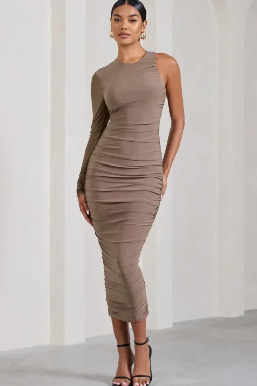 Luciene | Mocha Ruched Asymmetric Bodycon Midi Dress With Sheer Sleeve