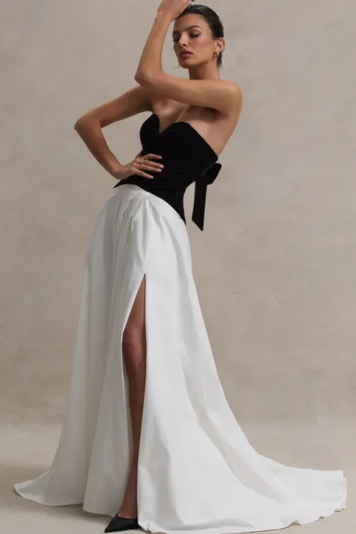 Lucienne | Black u0026 Cream Sweetheart Corset Split Maxi Dress