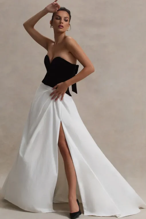 Lucienne | Black u0026 Cream Sweetheart Corset Split Maxi Dress