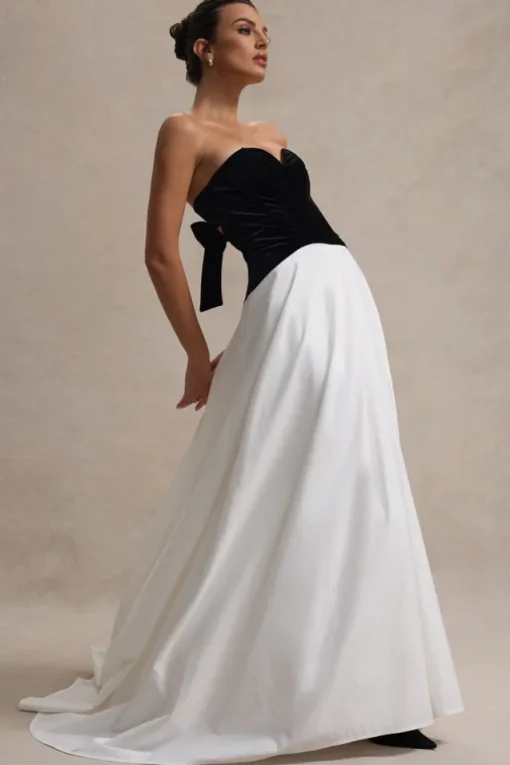 Lucienne | Black u0026 Cream Sweetheart Corset Split Maxi Dress