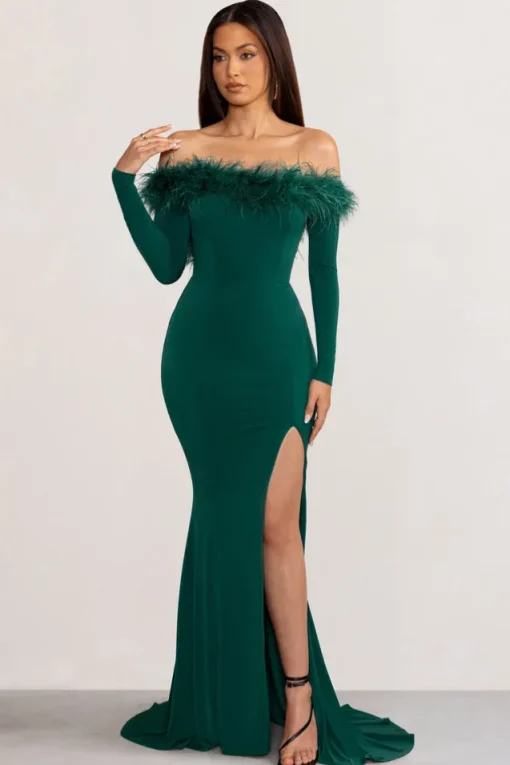 Lucilu | Bottle Green Feather Bardot Long Sleeve Maxi Dress with Side Split