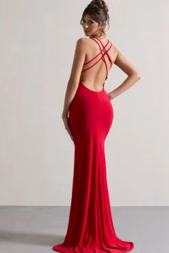 Lucky Day | Red Cross Over Back Fishtail Maxi Dress