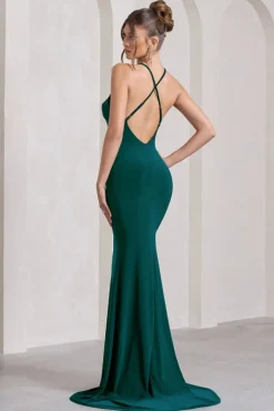 Lucky Number | Bottle Green Cross Back Fishtail Maxi Dress