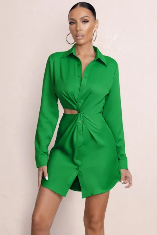 Lucky Star | Green Cut Out Wrap Front Shirt Mini Dress