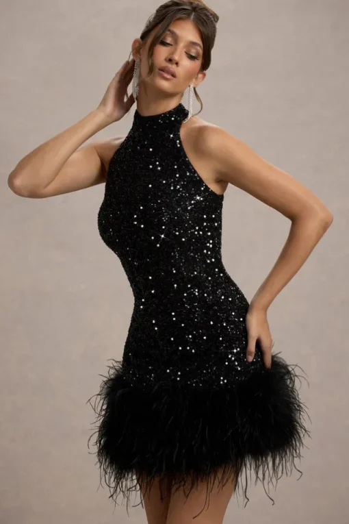 Lumi | Black Sequin High-Neck Feather Trim Mini Dress