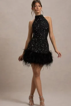 Lumi | Black Sequin High-Neck Feather Trim Mini Dress