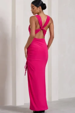 Luminescent | Fuchsia Pink Cowl-Neck Split Maxi Dress
