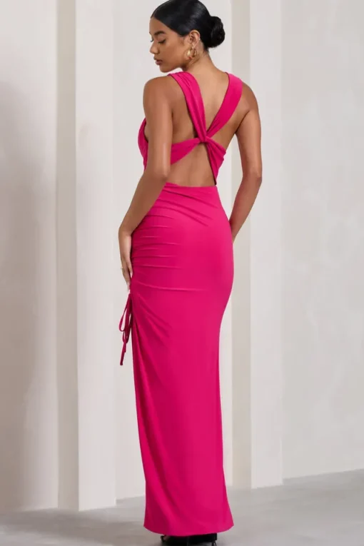 Luminescent | Fuchsia Pink Cowl-Neck Split Maxi Dress