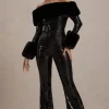 Lunar | Black Sequin Bardot Flared-Leg Jumpsuit With Fur
