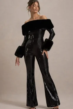 Lunar | Black Sequin Bardot Flared-Leg Jumpsuit With Fur