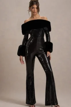 Lunar | Black Sequin Bardot Flared-Leg Jumpsuit With Fur