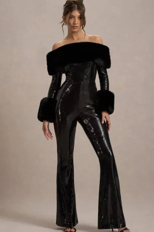Lunar | Black Sequin Bardot Flared-Leg Jumpsuit With Fur