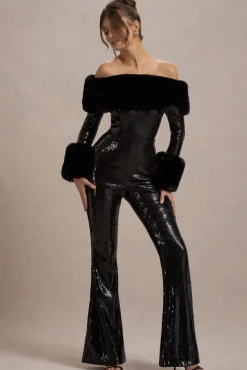 Lunar | Black Sequin Bardot Flared-Leg Jumpsuit With Fur
