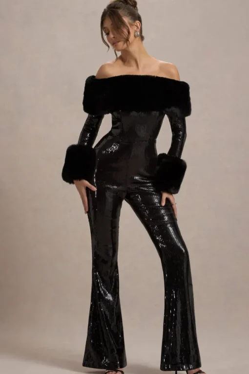 Lunar | Black Sequin Bardot Flared-Leg Jumpsuit With Fur