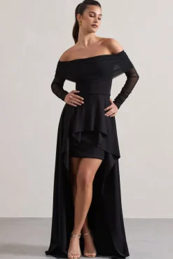 Lunara | Black Bardot High-Low Maxi Dress