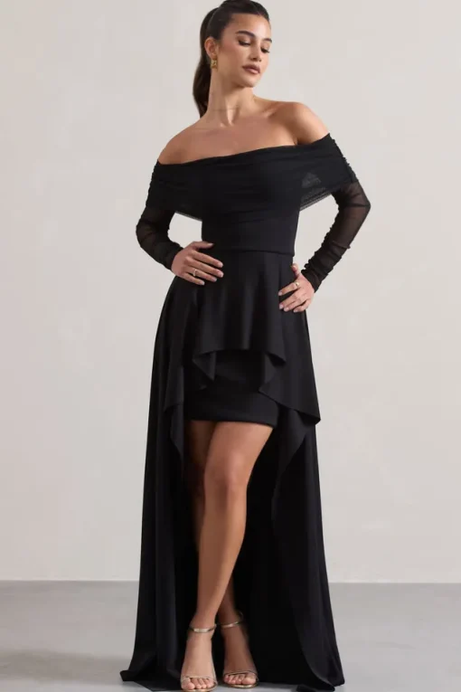 Lunara | Black Bardot High-Low Maxi Dress